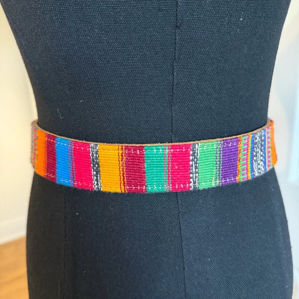 Multi colored BOHO leather trim western Serape style women belt SZ 36 large